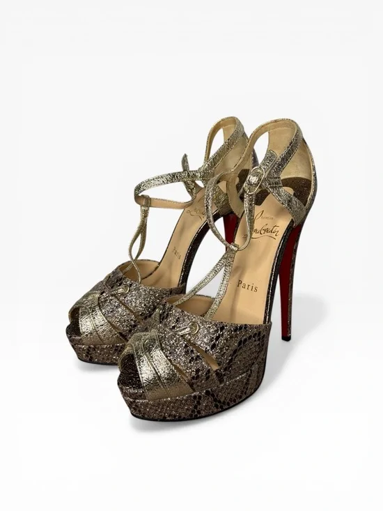 Christian Louboutin Metallic Gold Snake-Embossed T-Strap Platform Pump Size 37.5 - Picture 3 of 10